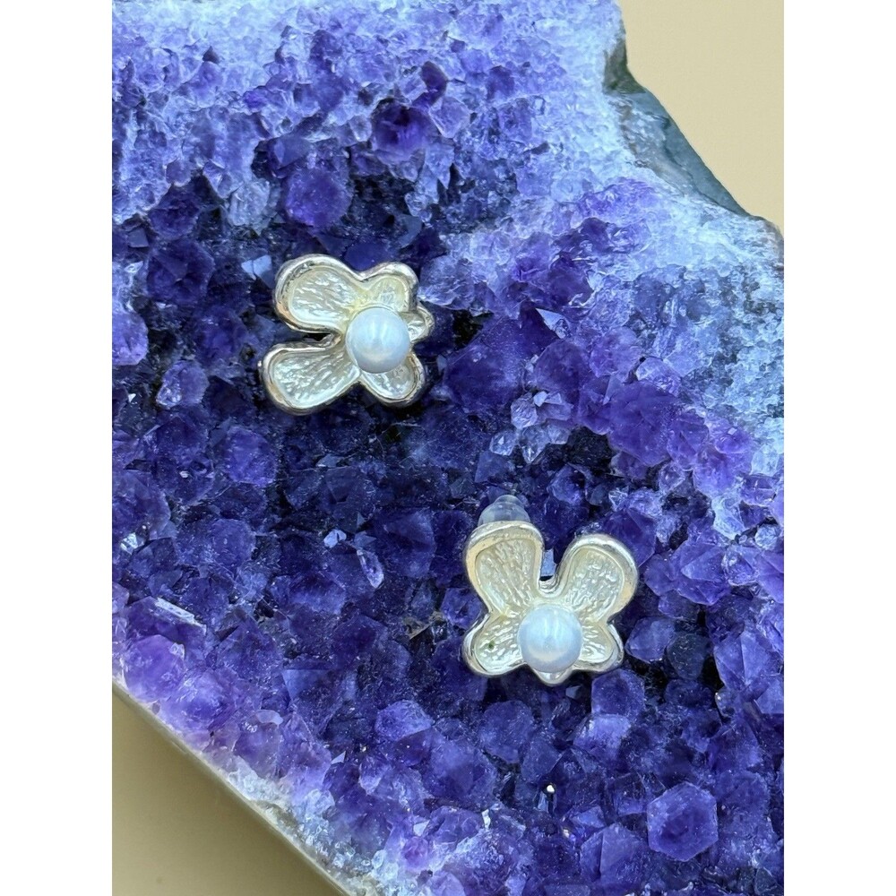 Barcelona Spain Handmade Floral Earrings - Silver Butterfly Blossom Pearl Studs